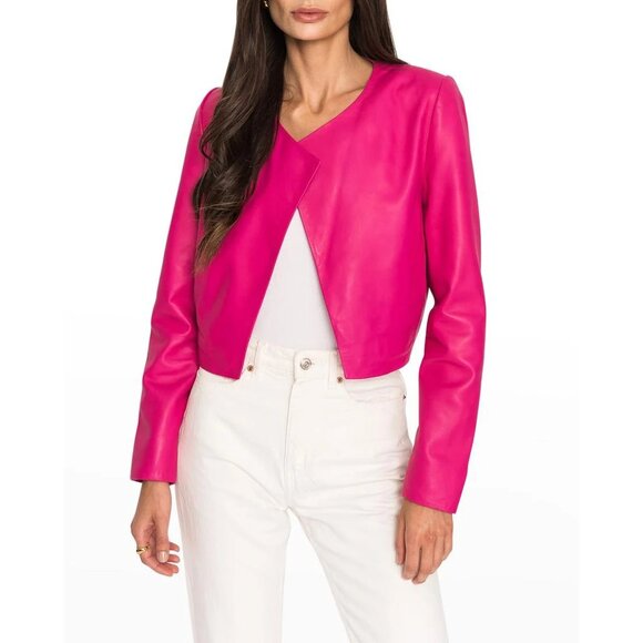LaMarque Rumi Cropped Leather Jacket Hot Pink Lamb Barbie Feminine Maximalist M - Picture 1 of 13